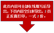 下箭头标注:此页内容可全部在线填写后导出，下页内容空白表导出，2页正反面打印，一式2份。